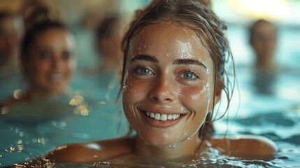 Fototapeta premium A vibrant and lively image showing a woman smiling happily while floating in a swimming pool, surrounded by friends, showcasing joy and camaraderie in a fun atmosphere.