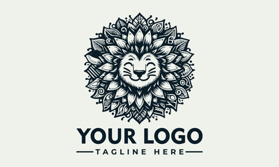 Happy lion illustration with a mane made of stylized leaves in black and white. Nature and animal concept