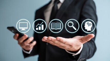 Businessman presenting digital icons of technology and knowledge.