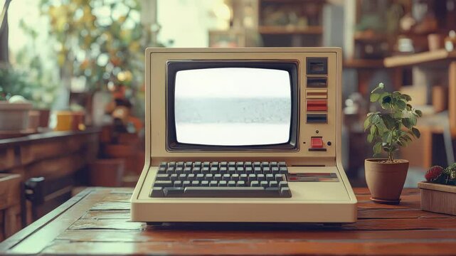 A retro computer from the 1980s sits on a cluttered desk in a nostalgic office environment, evoking a vintage tech workspace vibe