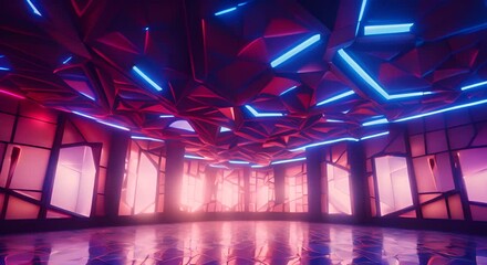 A dynamic ceiling with bold geometric patterns accentuated by neon lighting in various shades the lighting casting dramatic shadows and creating a cutting edge luxurious vibe 4K