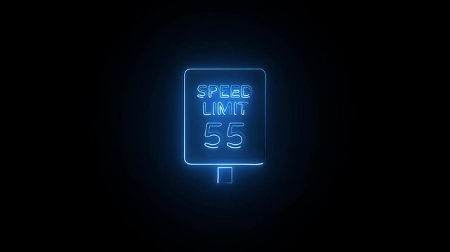 Neon Traffic Control Sign Displaying Speed Limit on Dark Background. Glowing Blue Neon Sign Marking Speed Limit on Dark Background. Blue Neon Speed Limit Traffic Sign Glowing in the Dark.