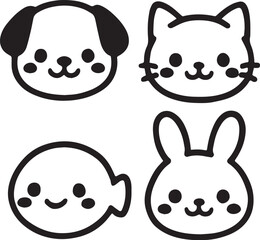 Adorable Pet Icons Dog, Cat, Fish, Rabbit - Kawaii Style Illustrations for Digital Projects