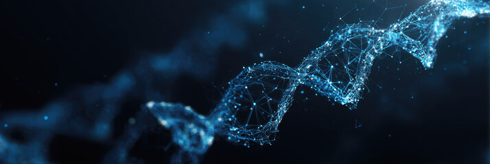 Abstract Futuristic Digital DNA Visualization on Deep Blue Background: Innovative Data Science and Technology Concept for Financial Communication and Analysis. AI-Generated Design for Business Present