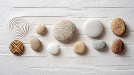 Flat lay of smooth pebbles on sand, meditative composition