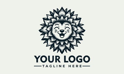 Happy lion illustration with a mane made of stylized leaves in black and white. Nature and animal concept