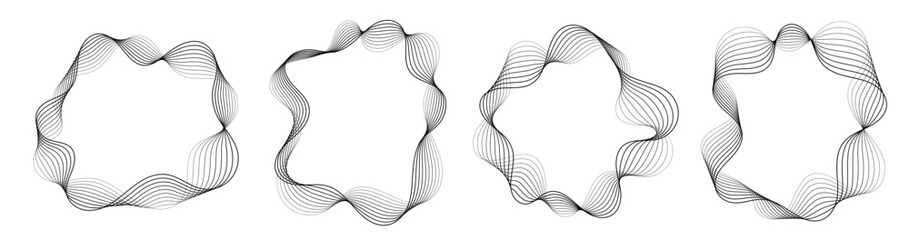 Abstract wavy frames set, black flowing borders isolated on white. Vector illustration.
