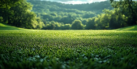 Fototapeta premium Green Grassy Field with Lush Outdoor Background and Space for Text