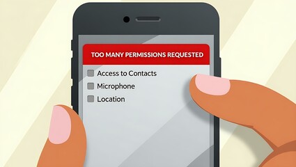 A close-up of a hand holding a smartphone displaying a notification about excessive permission requests.