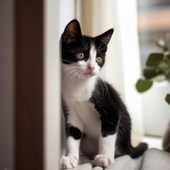 Black and white kitten sitting by the window with soft natural light and green plant nearby