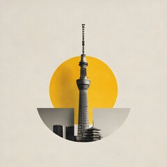 Abstract city tower with sun, modern buildings and pagoda silhouette illustration.