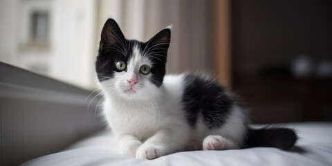 Playful black and white kitten lounging on a soft bed near a window with natural light