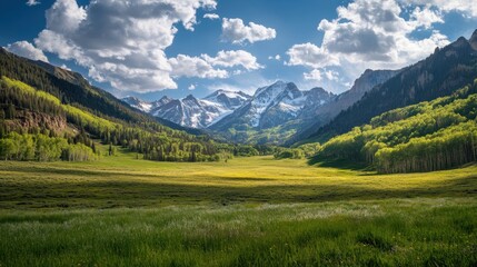 Fototapeta premium Aspen Spring Landscape in Telluride, CO. Scenic Hiking Trail in Green Fauna