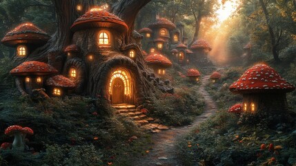 Enchanting fantasy forest illustration. Keyhole shape in old tree frames fairytale castle path. Red mushrooms glow. Magical art, dreamy landscape, mystic, wonderland, magical portal, fairy tale.