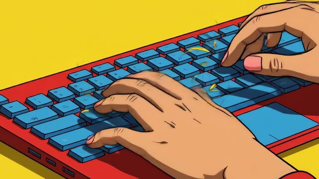 Animated Hands Typing on a Red and Blue Keyboard
