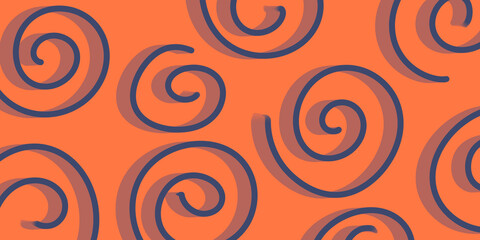 captivating abstract background features a playful scattering of dark blue spiral shapes, each casting a subtle shadow on the vibrant orange surface.