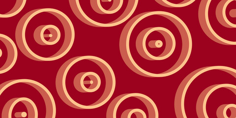 bold seamless pattern features a repeated motif of abstract, three-dimensional light beige circles with smaller concentric inner rings on a deep red background.