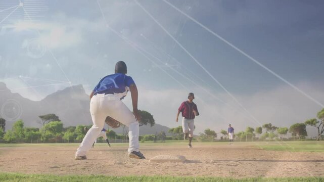 Shortstop throwing baseball triggers second baseman catching and applying tag on sliding runner