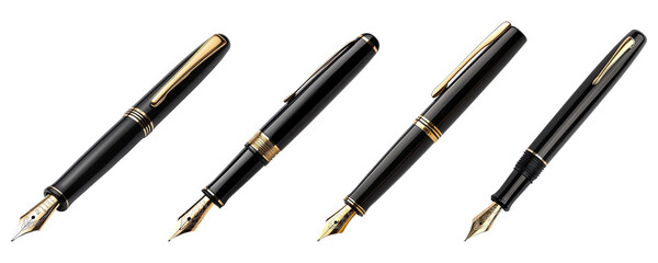 Collection of elegant black fountain pens, isolated on a transparent background