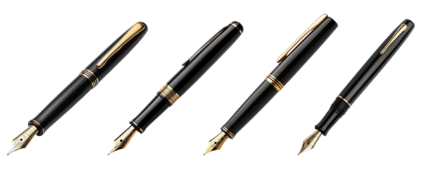 Collection of elegant black fountain pens, isolated on a transparent background