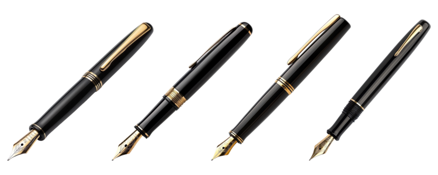 Collection of elegant black fountain pens, isolated on a transparent background - Powered by Adobe