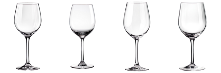 Collection of elegant empty wine glasses with clear stems, isolated on a transparent background