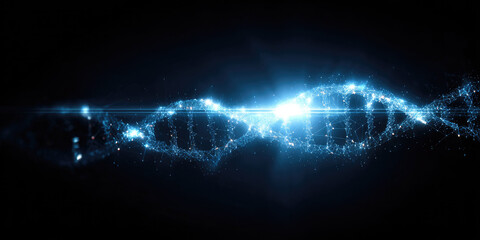 Abstract Digital DNA Double Helix in Blue: Futuristic Technology Concept with Luminous Strands and Stars. Innovative Design for Scientific Research and Communication. AI-Generated Background for Busin