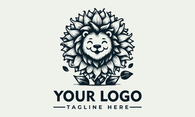 Happy lion illustration with a mane made of stylized leaves in black and white. Nature and animal concept