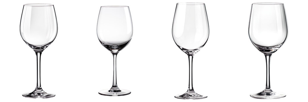 Collection of elegant empty wine glasses with clear stems, isolated on a transparent background