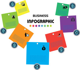 Colorful circular business infographic with seven steps and icons, ideal for showcasing workflow, data analysis, strategy, or marketing plans in a modern visual format.