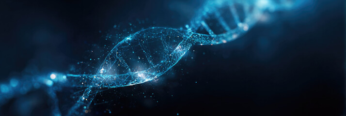 Abstract Digital DNA Double Helix in Blue: Futuristic Technology Concept with Luminous Strands and Stars. Innovative Design for Scientific Research and Communication. AI-Generated Background for Busin