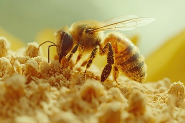 A honeybee, covered in pollen, diligently collects golden pollen grains from a flower.