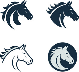 Four stylized horse head logos in different colors and styles