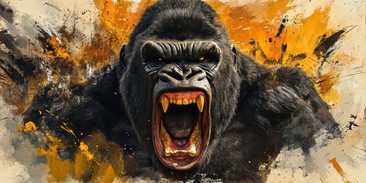 3D Gorilla: Monstrous Angry Ape with Fangs in Fantasy Illustration