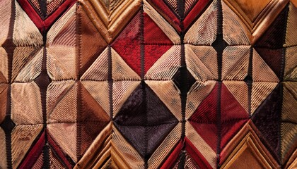 Fototapeta premium close up of traditional textile fabric with geometric diamond patterns in earth tones of brown beige black and rust red creating a repetitive and symmetrical design