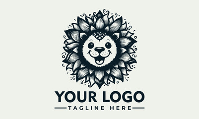 Happy lion illustration with a mane made of stylized leaves in black and white. Nature and animal concept