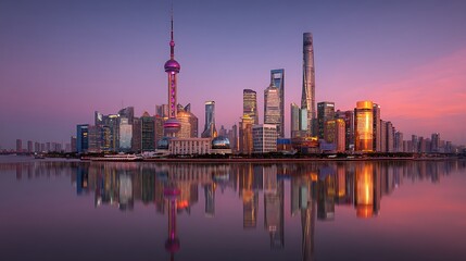 Fototapeta premium skyline featuring the Oriental Pearl Tower, Jin Mao Tower, and the Shanghai World Financial Center, twilight shot with reflections in the Huangpu River .