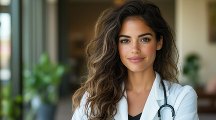 Portrait of a young female doctor with a blurred background of a hospital.