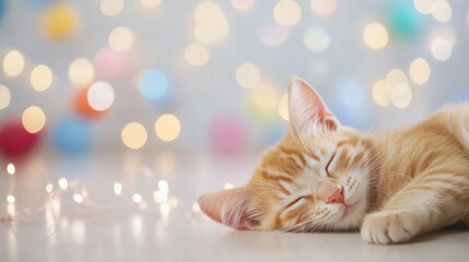 A cute orange cat is lying down in a pastel party in the background.