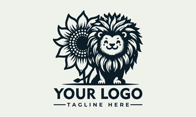 Happy lion illustration with a mane made of stylized leaves in black and white. Nature and animal concept