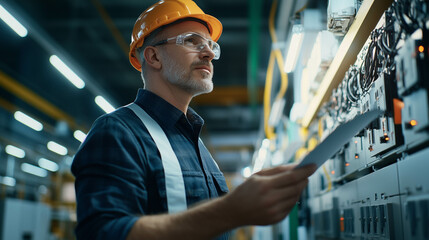 Middle-aged engineer doing quality control checking at industry production.