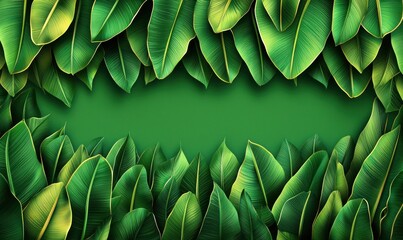 Lush green foliage creates a vibrant frame surrounding a solid green backdrop, ideal for text or imagery