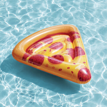 A pizza slice inflatable float drifts peacefully in a sparkling pool during a sunny day