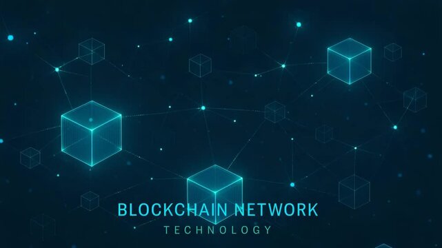 Conceptual visualization of a blockchain network. This digital graphic showcases interconnected blocks representing data storage and security in a modern technological landscape.