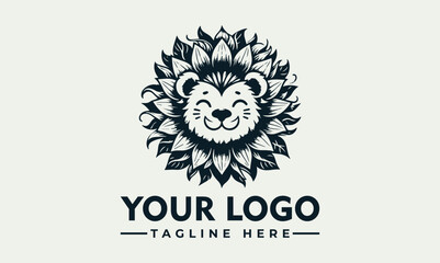 Happy lion illustration with a mane made of stylized leaves in black and white. Nature and animal concept