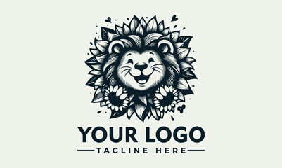 Happy lion illustration with a mane made of stylized leaves in black and white. Nature and animal concept