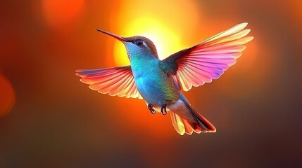 Vibrant hummingbird in flight, sunset backdrop