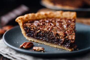 Slice of Chocolate Pecan Pie on Vintage Plate with Rustic Farmhouse Styling