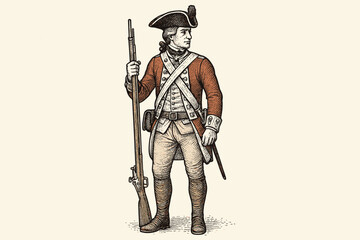 Vintage British soldier in redcoat uniform from the American Revolutionary War era. Historical 18th century infantryman holding a musket. Engraving style hand-drawn vector art.