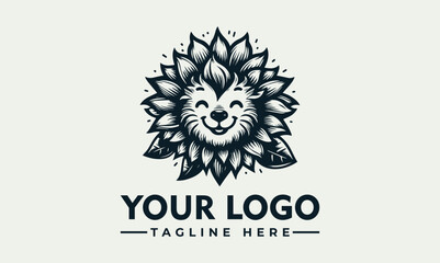 Happy lion illustration with a mane made of stylized leaves in black and white. Nature and animal concept